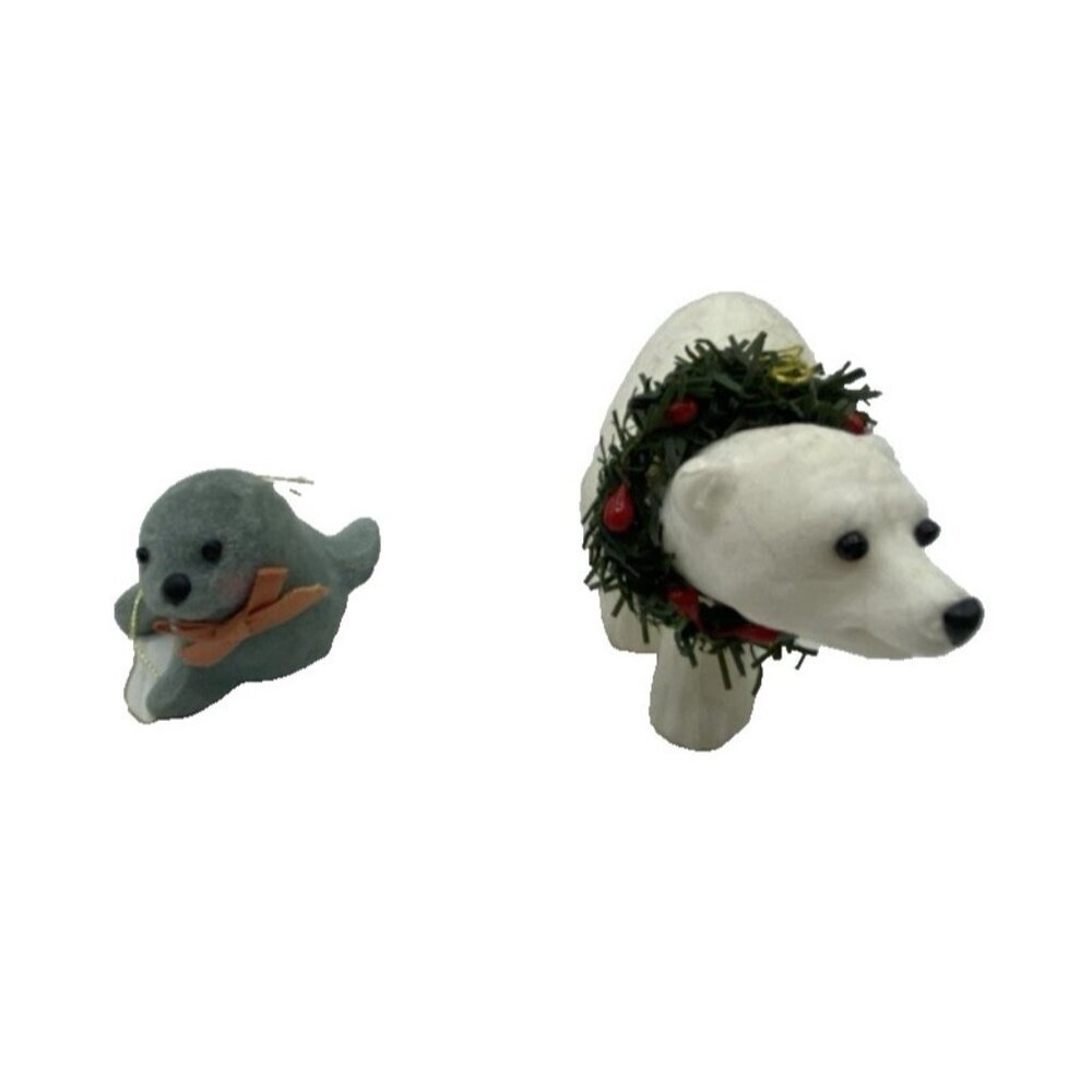 2 Fuzzy Christmas Ornaments Seal & Polar Bear Flocked Holiday Decor Kitsch Retro